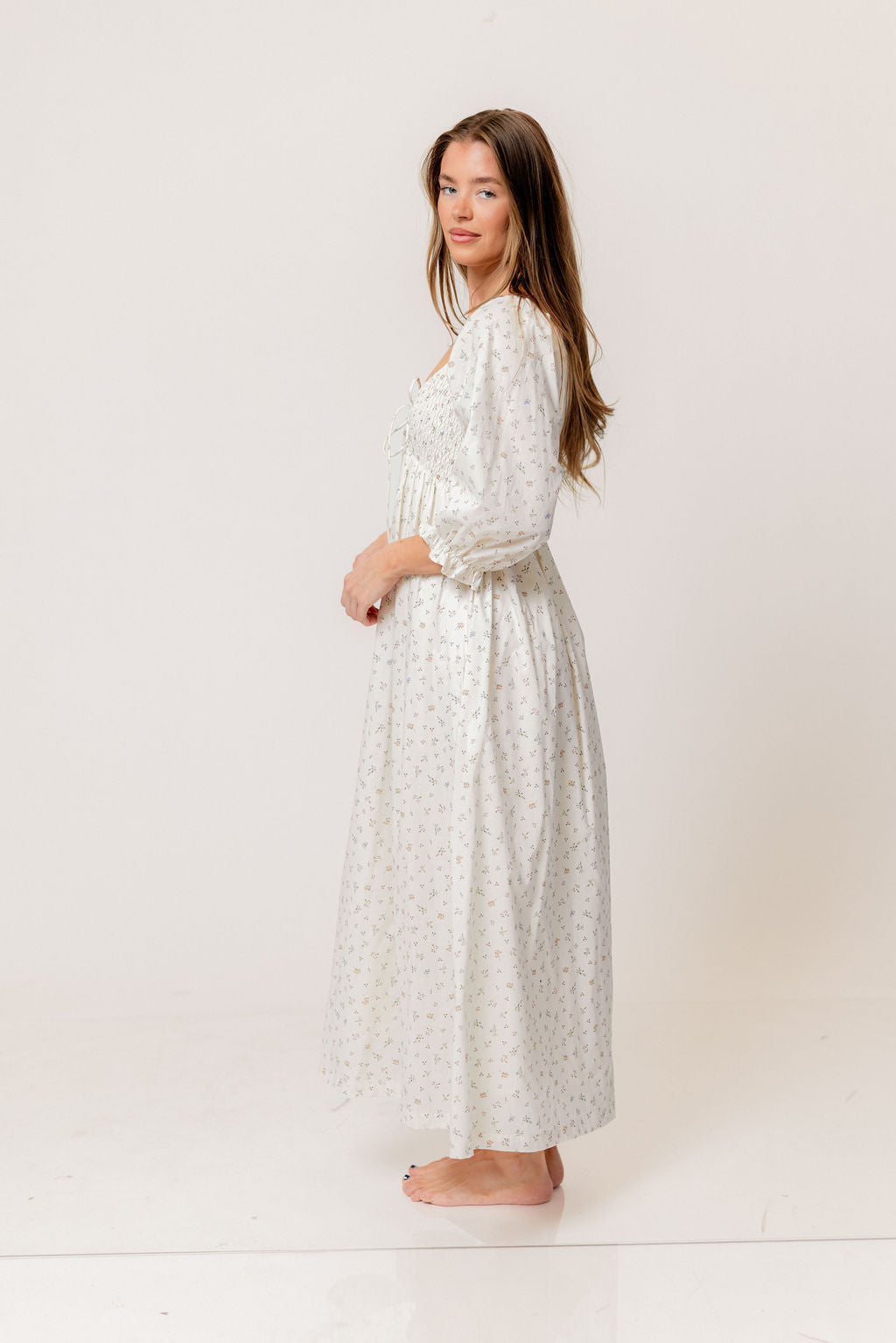 Cecilia 100% Cotton Smocked Maxi Dress in Flowery Ivory (Lined) - Bump Friendly