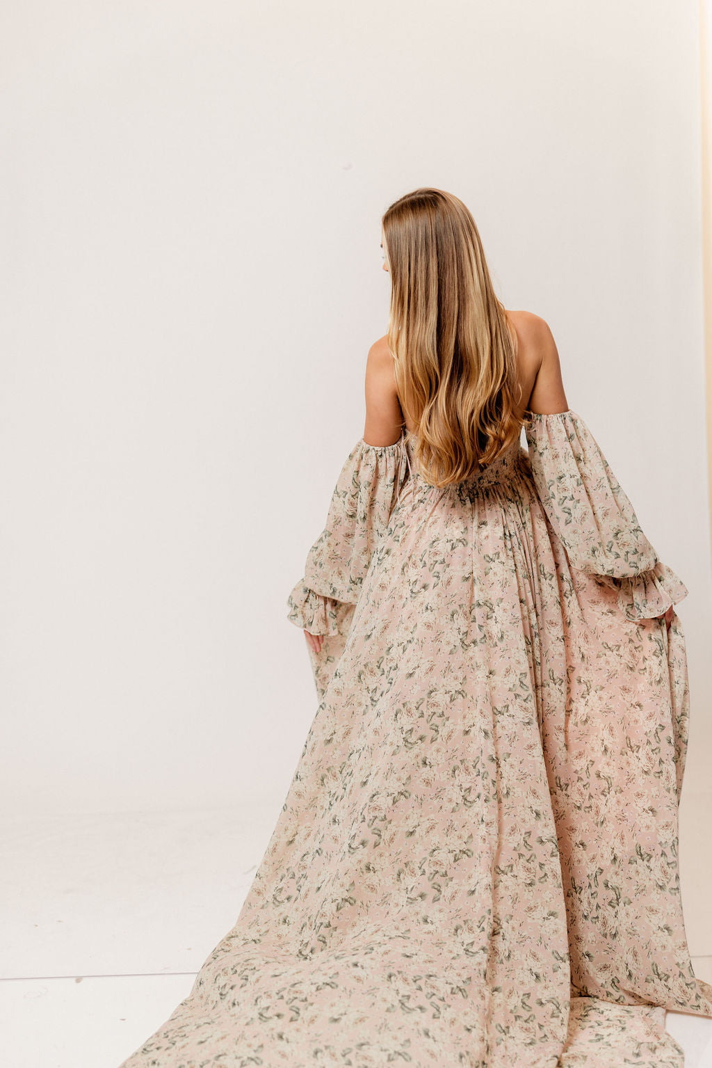 Delilah Floral Maxi Dress with Train in Blush/Grey - Bump Friendly