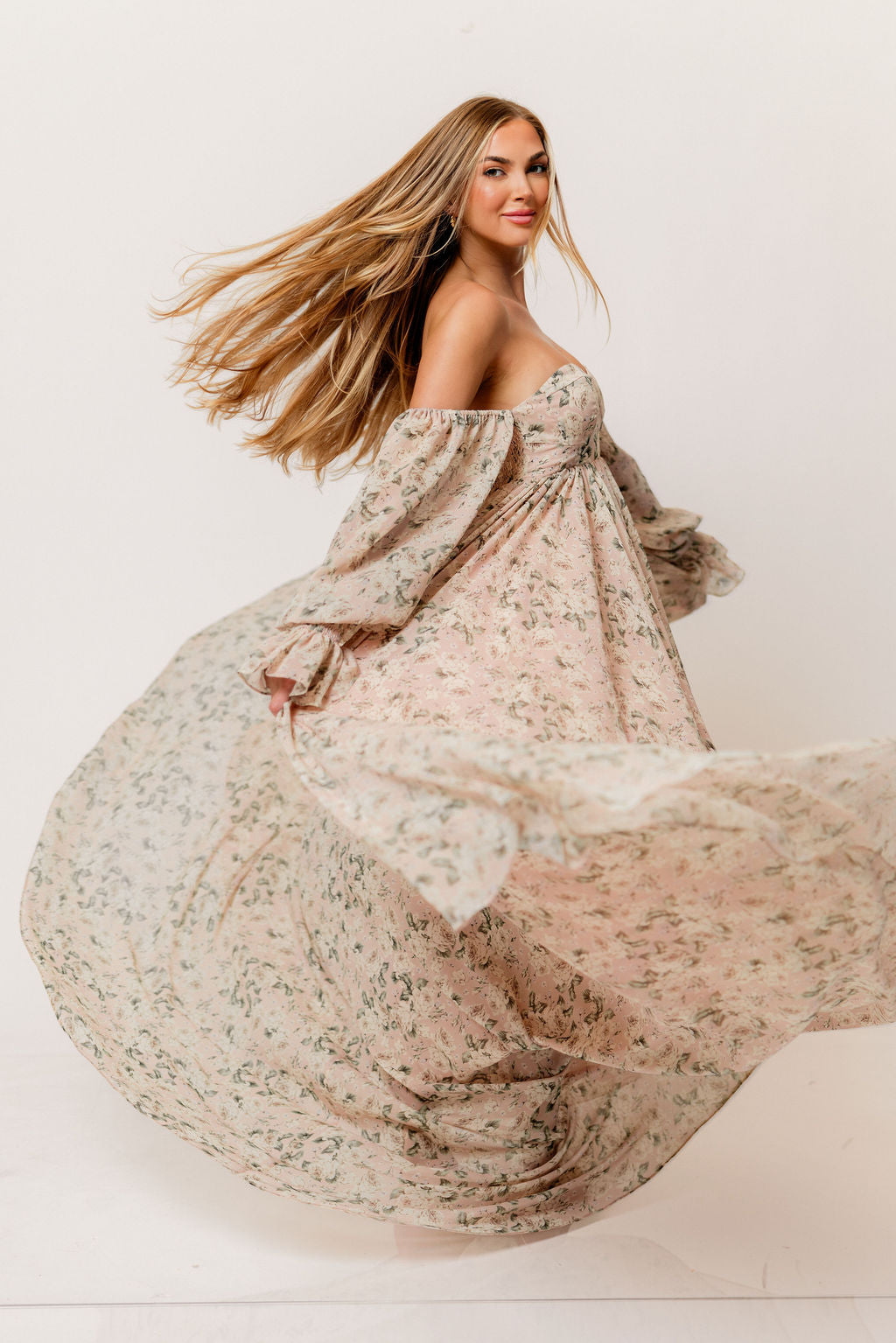 Delilah Floral Maxi Dress with Train in Blush/Grey - Bump Friendly