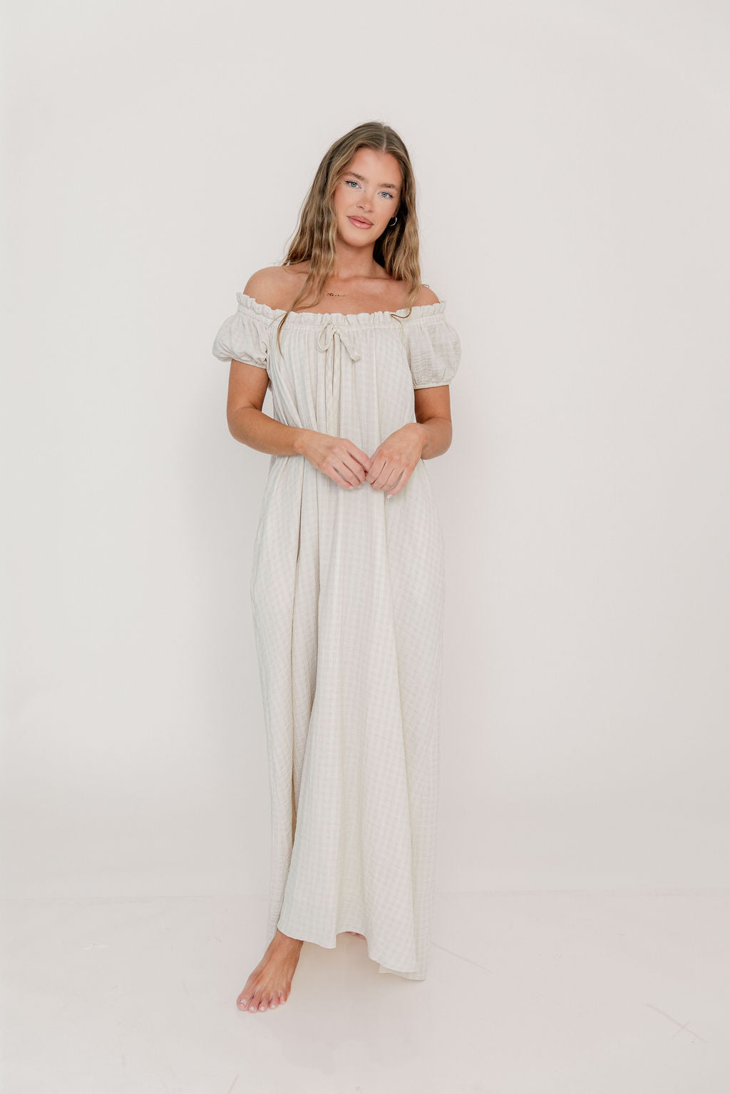 Ensley 100% Cotton Maxi Dress in Pale Pink Plaid - Bump Friendly