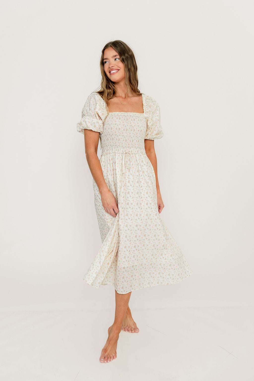 Maeve 100% Cotton Puff Sleeve Midi Dress in Dainty Pink Floral