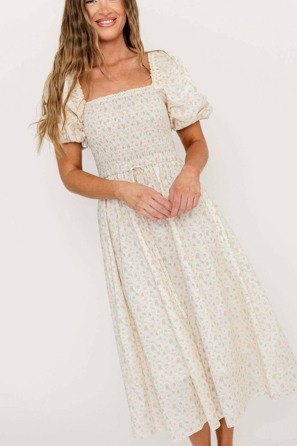 Maeve 100% Cotton Puff Sleeve Midi Dress in Dainty Pink Floral