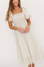 Maeve 100% Cotton Puff Sleeve Midi Dress in Dainty Pink Floral