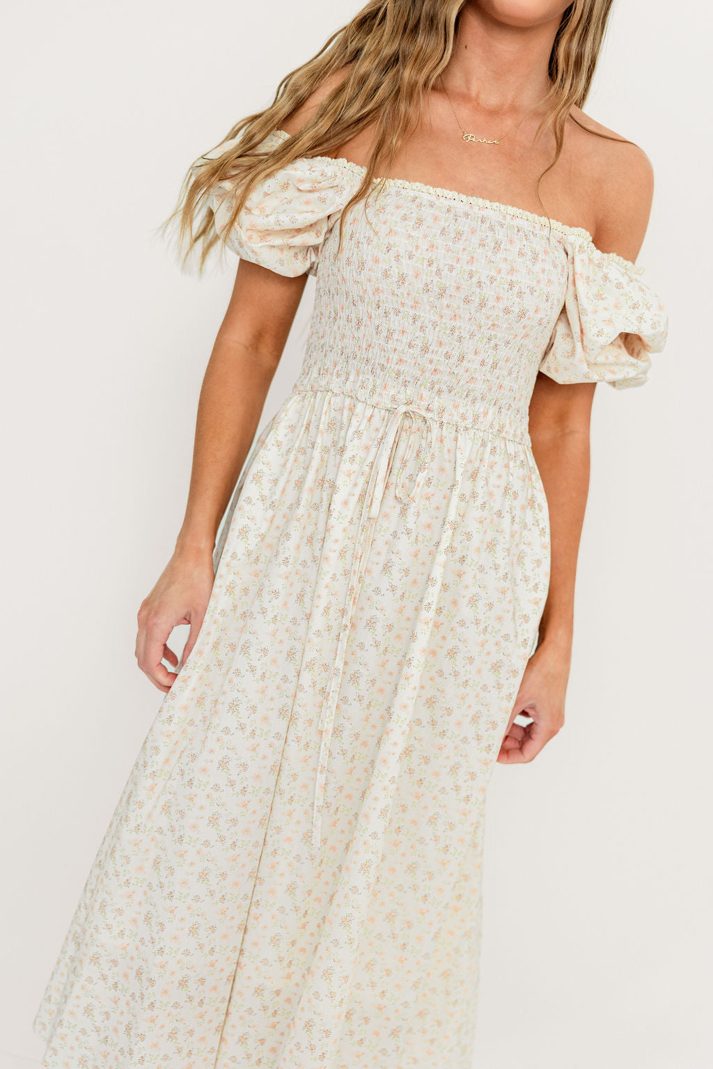 Maeve 100% Cotton Puff Sleeve Midi Dress in Dainty Pink Floral