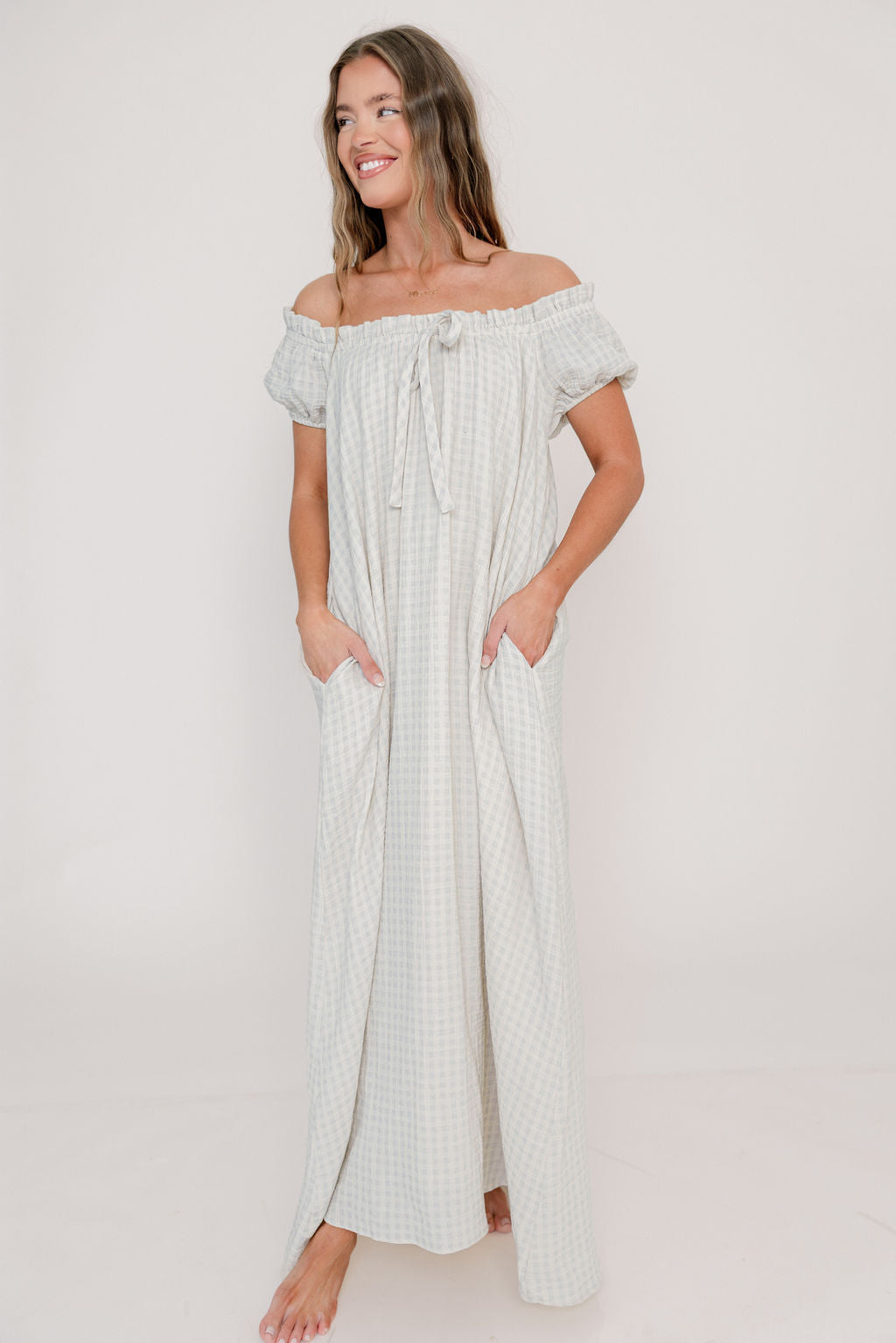 Ensley 100% Cotton Maxi Dress in Baby Blue Plaid - Bump Friendly