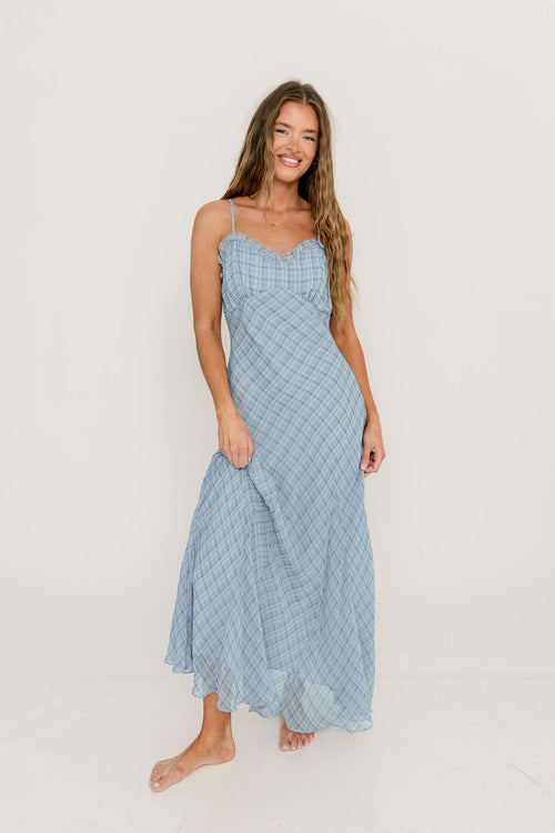 ASTR Maeryn Ruffle Trim Maxi Dress in Blue Plaid