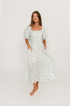 Eliana Floral Puff Sleeve Midi Dress in Coral/Pink