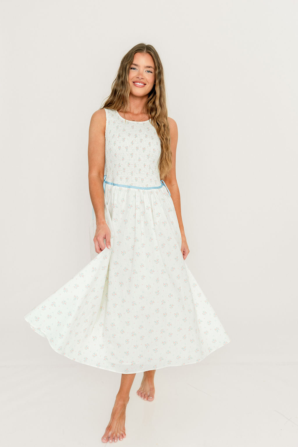 Giselle 100% Cotton Midi Dress in Cream/Blue