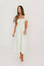 Nya 100% Cotton Midi Dress in Cream/Green Floral