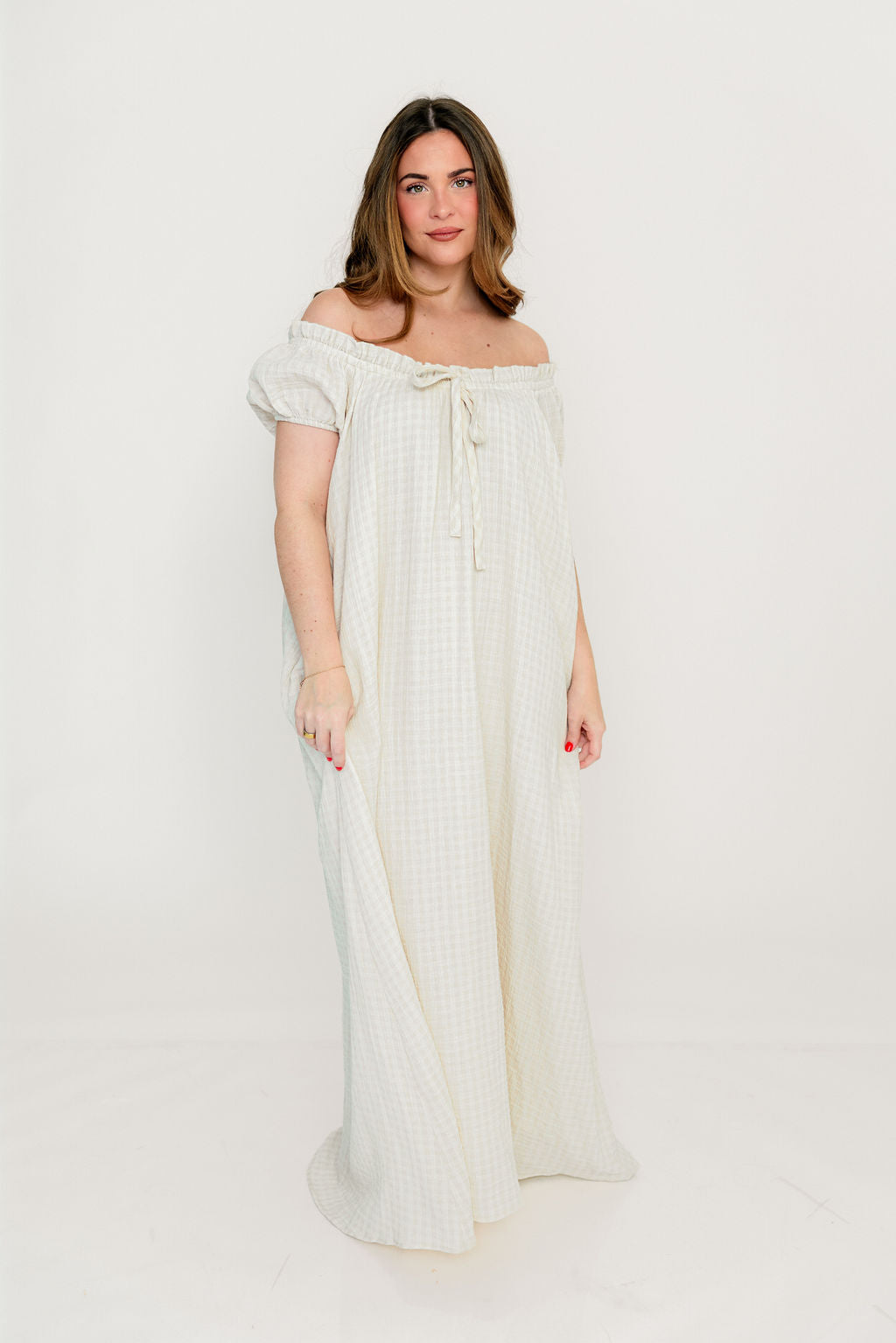 Ensley 100% Cotton Maxi Dress in Pale Pink Plaid - Bump Friendly
