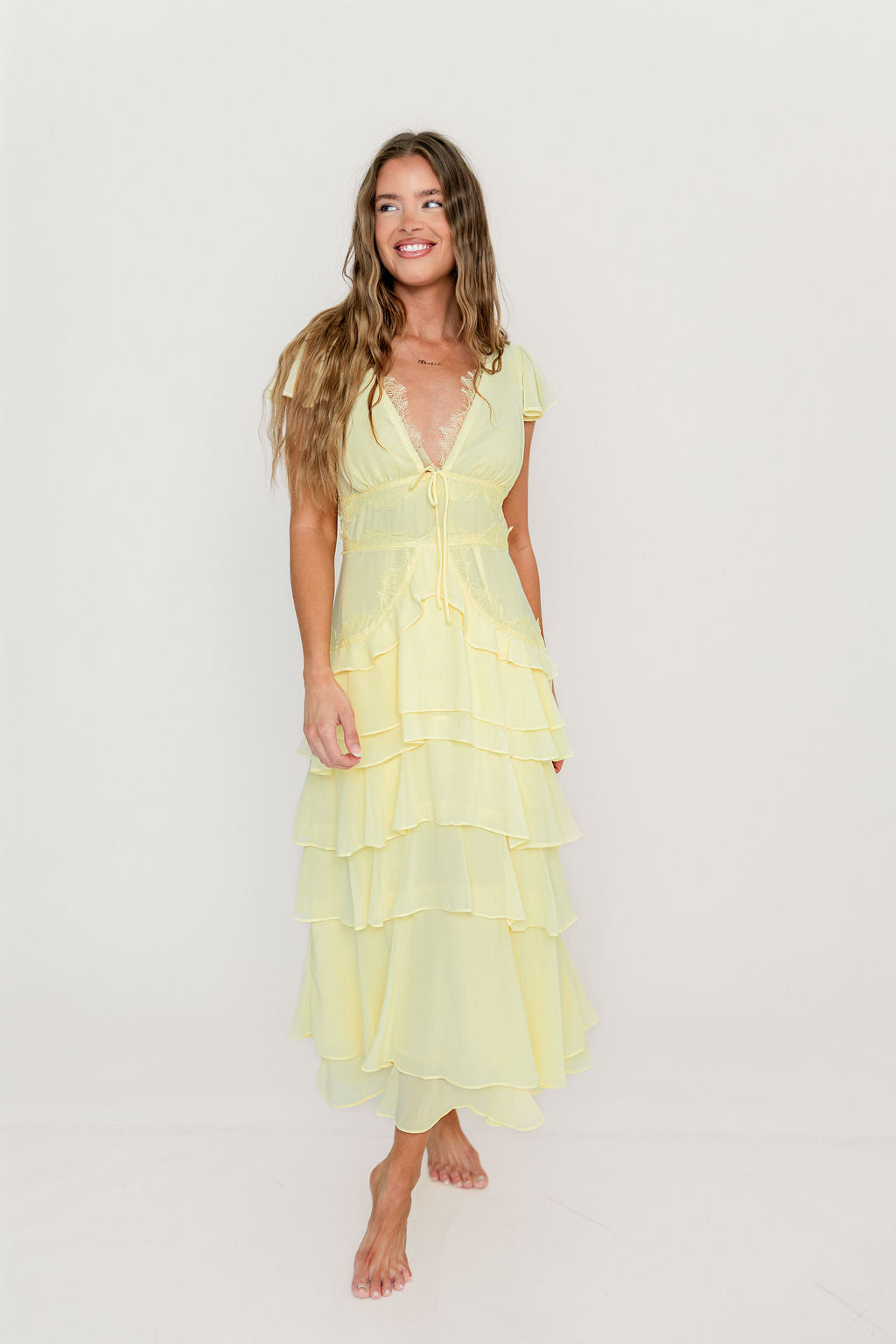 Jessa Tiered Ruffle Midi Dress in Yellow