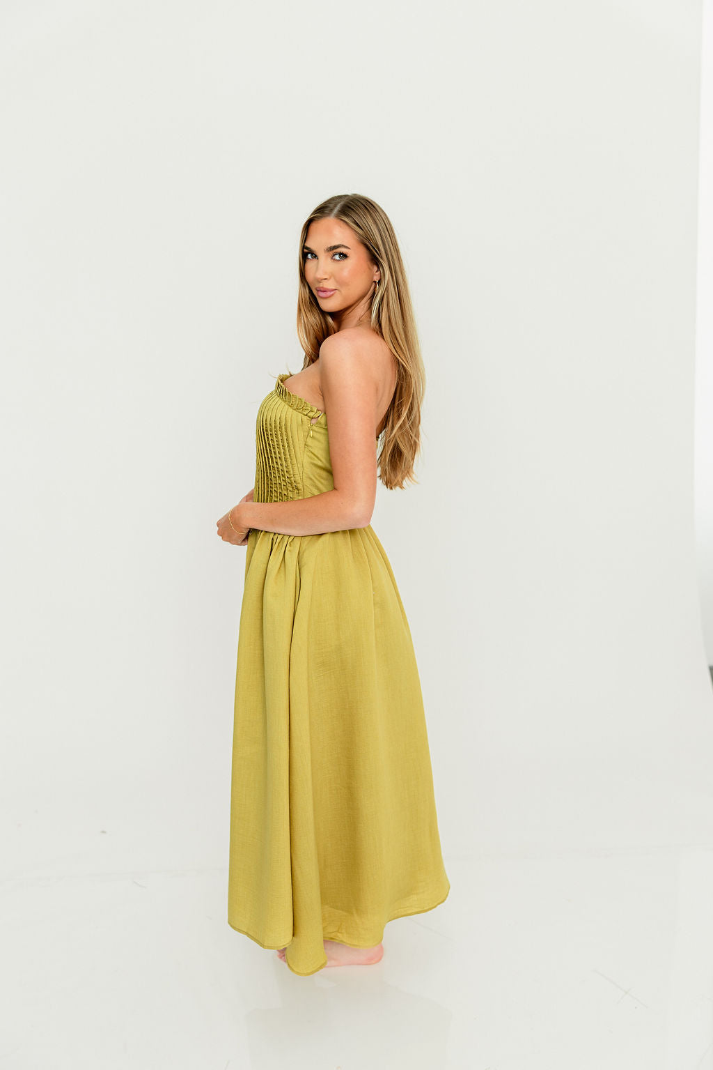 Lavina Strapless Pleated Tube Midi Dress in Dark Kiwi