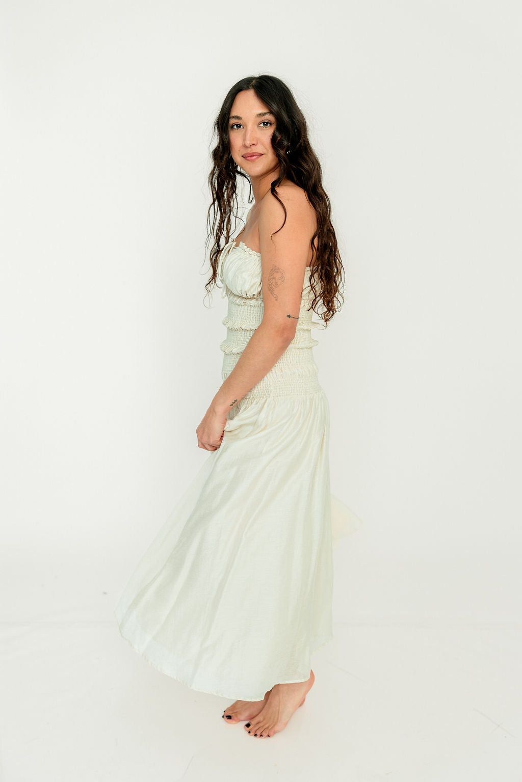 Myra Strapless Smocked Bodice Tube Maxi Dress in Cream