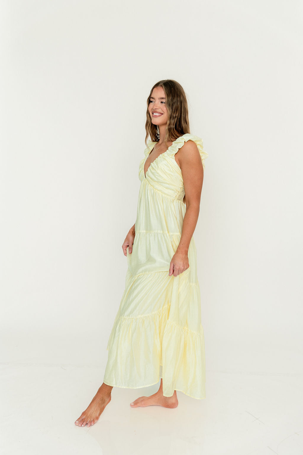 Katy Pleated Bodice Maxi Dress in Lemon - Bump Friendly