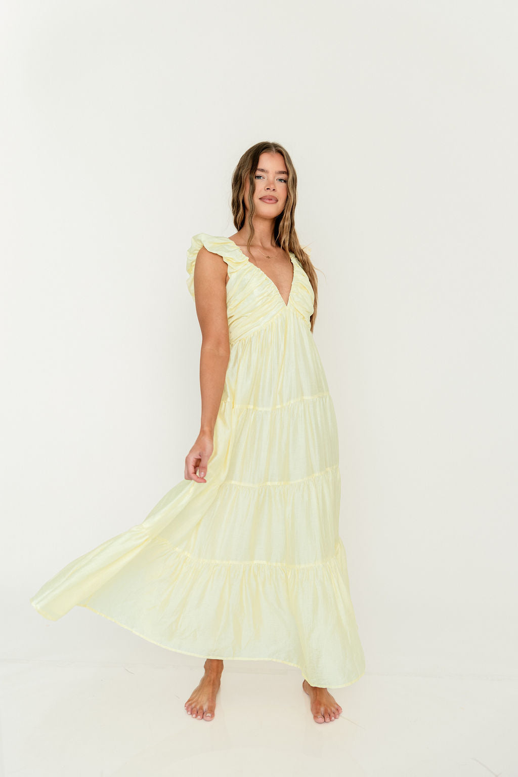 Katy Pleated Bodice Maxi Dress in Lemon - Bump Friendly