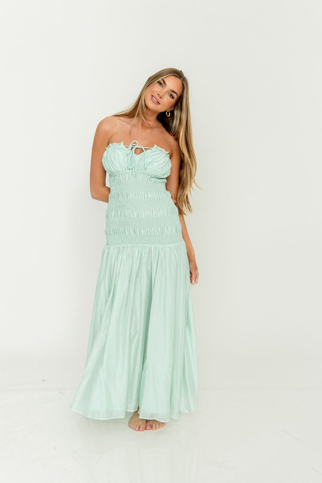 Myra Strapless Smocked Bodice Tube Maxi Dress in Light Mint