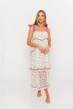 Magnolia Tie Strap Floral Midi Dress in Cream/Mauve
