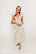 Bellamy 100% Cotton Midi Dress in Cream/Olive Floral