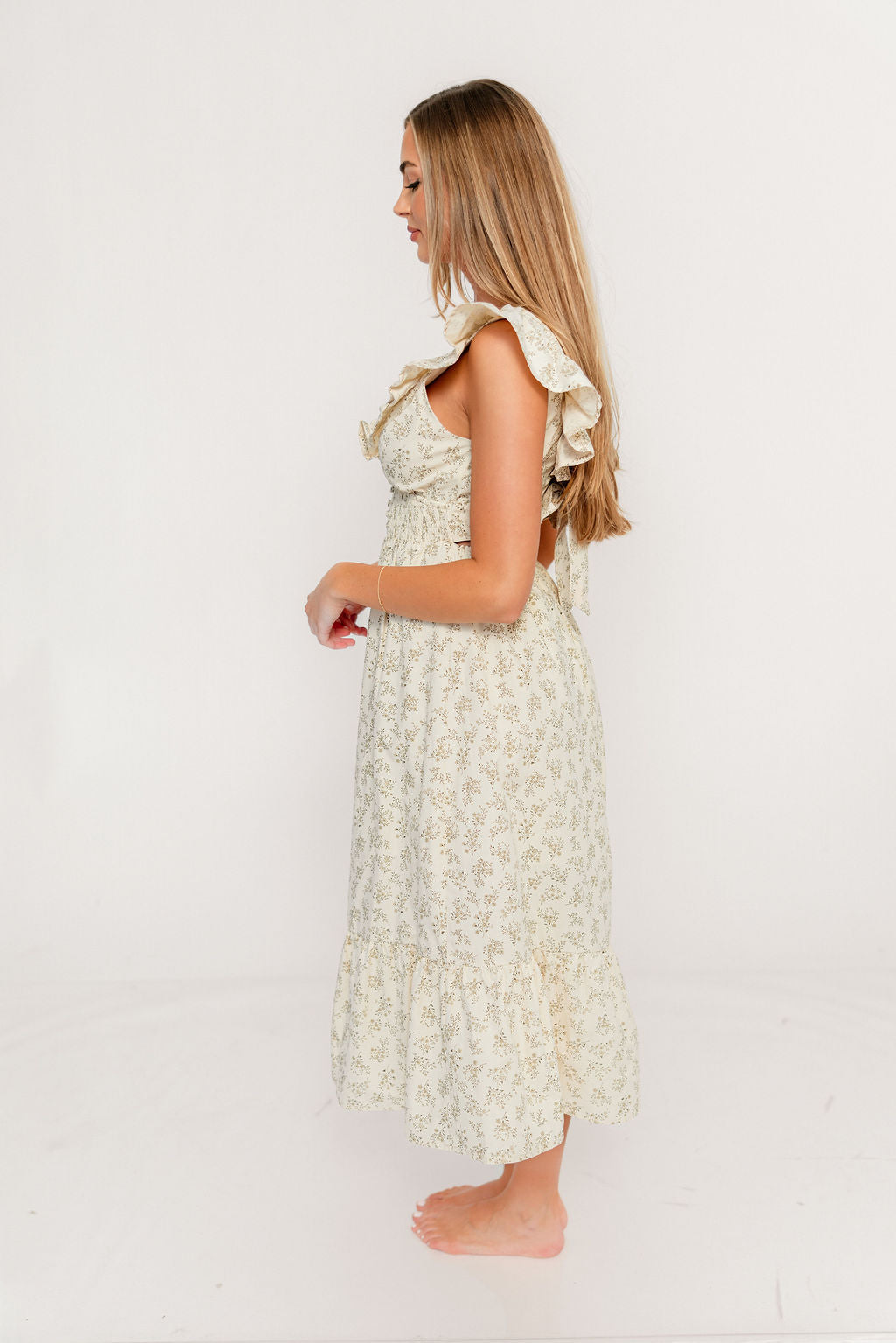 Bellamy 100% Cotton Midi Dress in Cream/Olive Floral