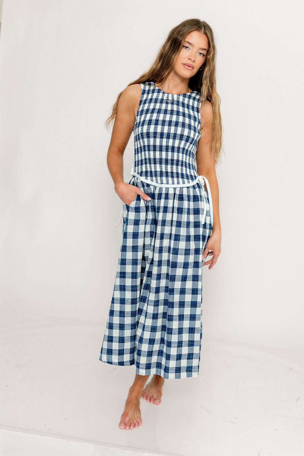 Margaret Gingham Midi Dress in Navy