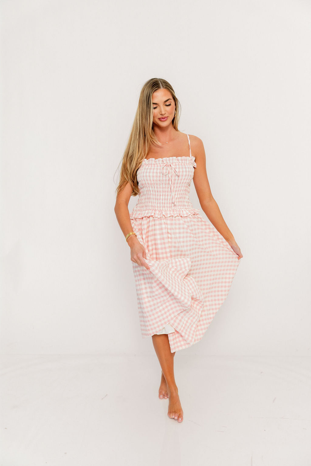 Solia Midi Dress in Blush Check