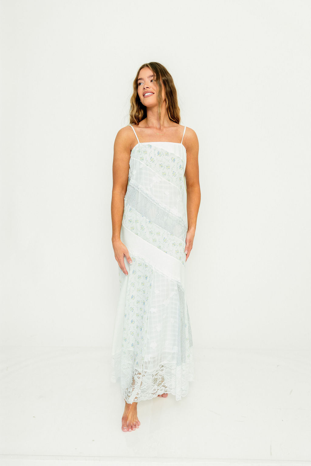 Garner Floral and Lace Maxi Dress in Ivory/Blue