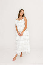 Mikayla 100% Cotton Lace and Gauze Contrast Tiered Maxi Dress in Off White