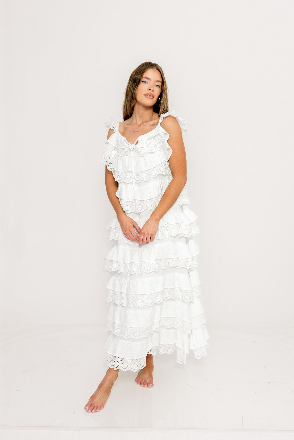 Mikayla 100% Cotton Lace and Gauze Contrast Tiered Maxi Dress in Off White