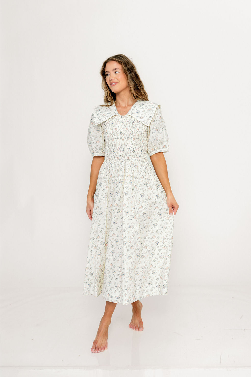 Wray Oversized Collar Smocked Midi Dress in Ivory