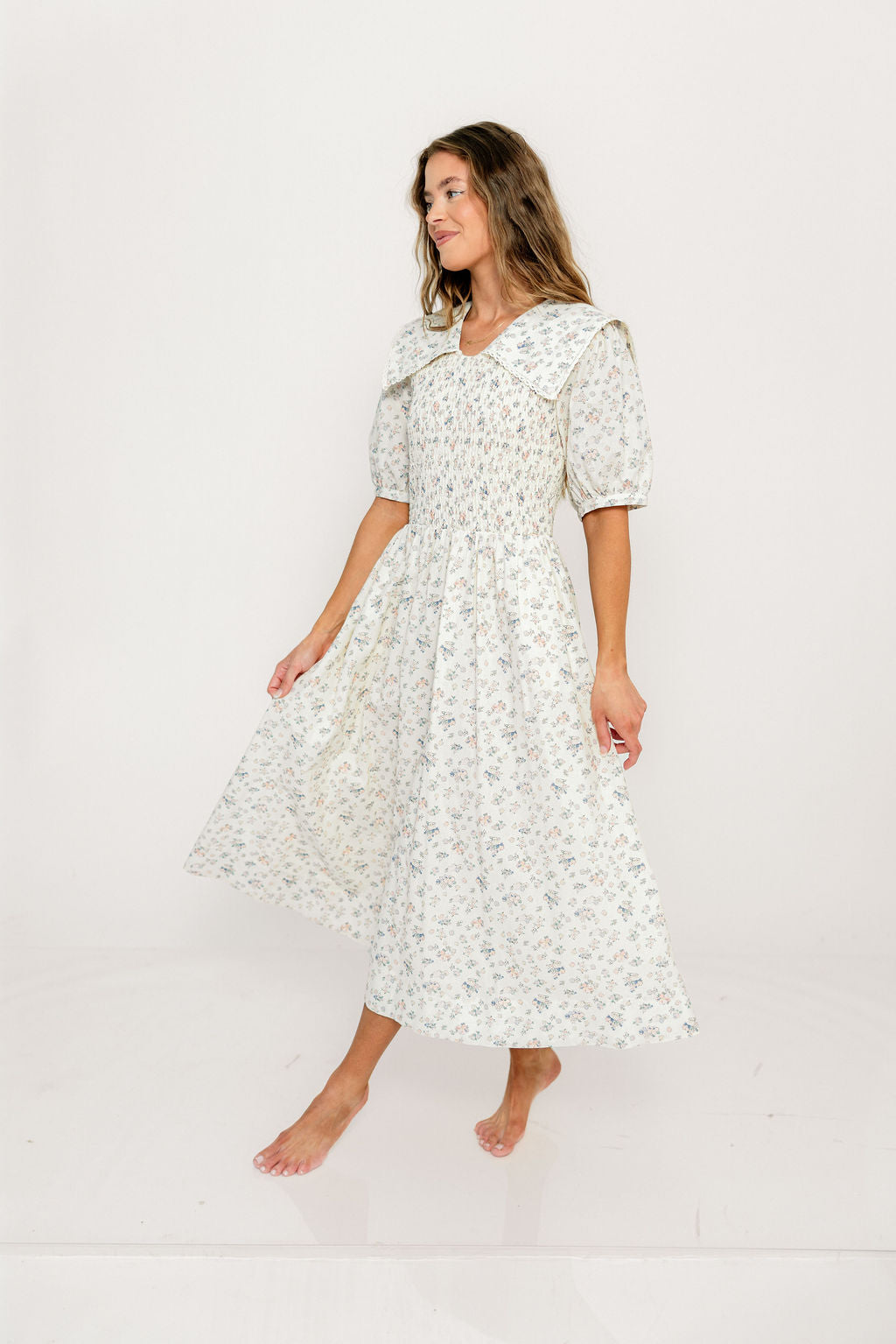 Wray Oversized Collar Smocked Midi Dress in Ivory