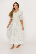 Wray Oversized Collar Smocked Midi Dress in Ivory