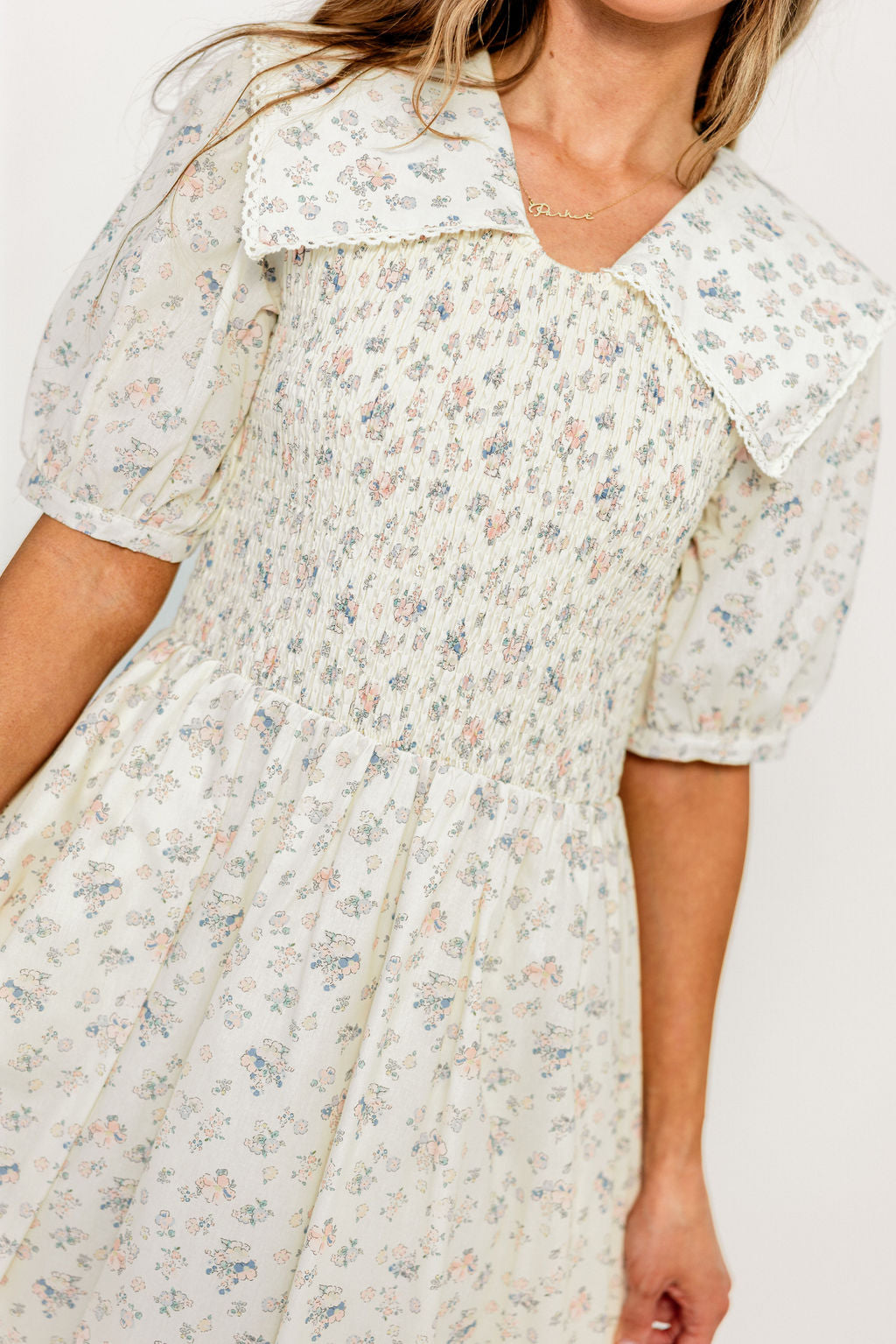 Wray Oversized Collar Smocked Midi Dress in Ivory