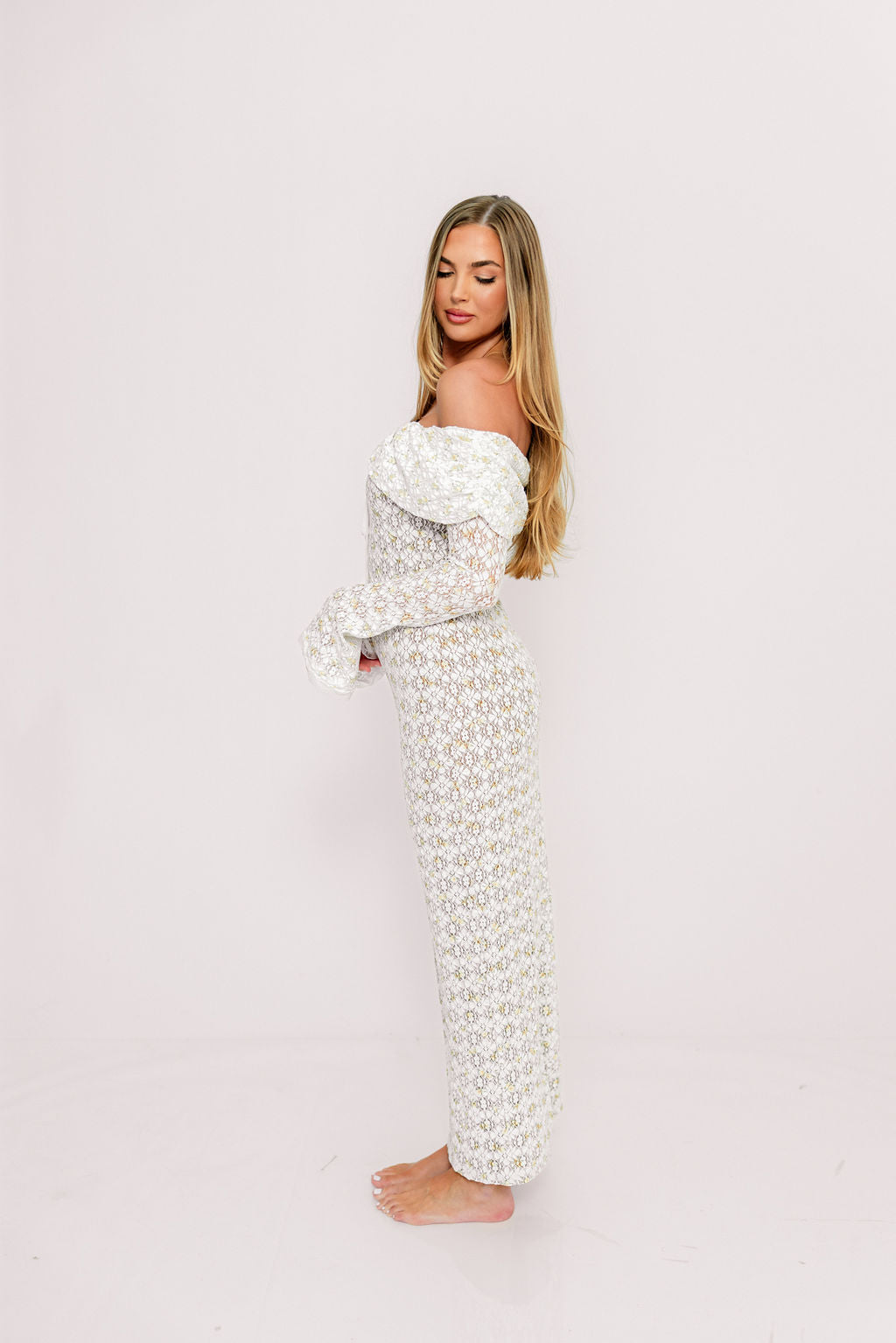 Ella Lace Maxi Dress in Tiny Yellow Floral Print