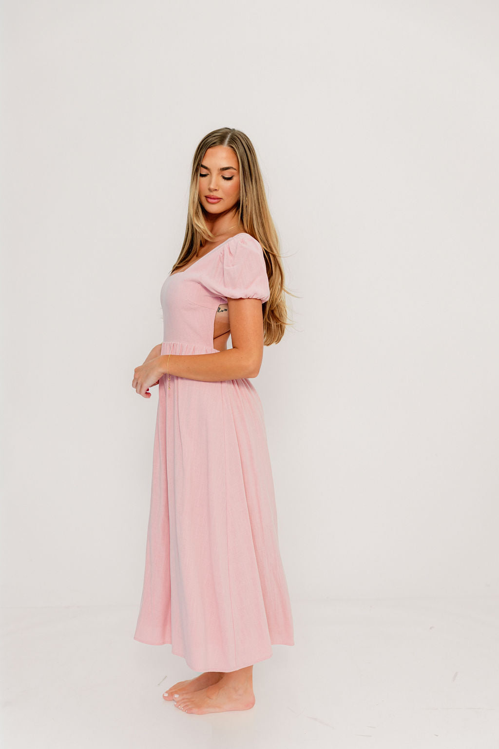 August Open Back Midi Dress in Peony - Bump Friendly