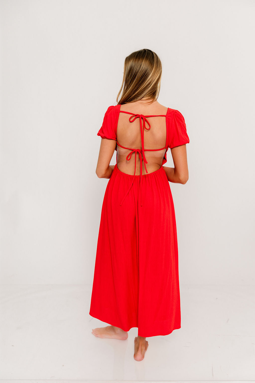 August Open Back Midi Dress in Poppy - Bump Friendly