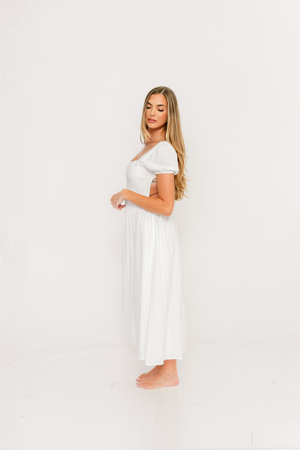 August Open Back Midi Dress in White - Bump Friendly
