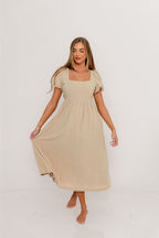 Ainsley Square Neck Midi Dress with Puffed Sleeves in Oat - Bump Friendly