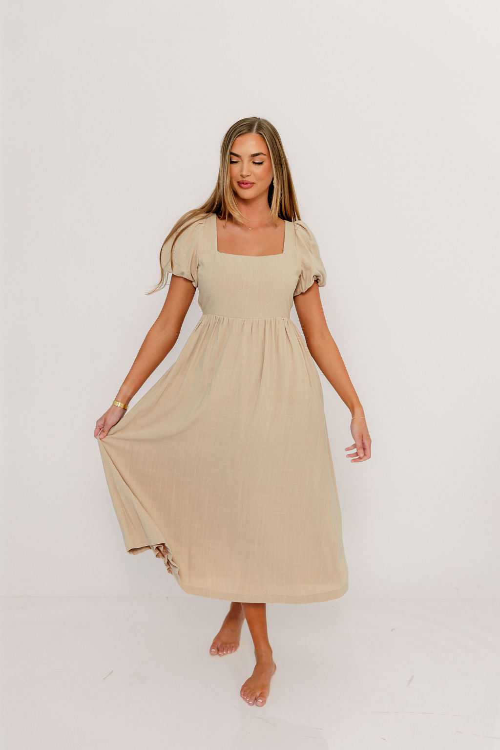 Ainsley Square Neck Midi Dress with Puffed Sleeves in Oat - Bump Friendly