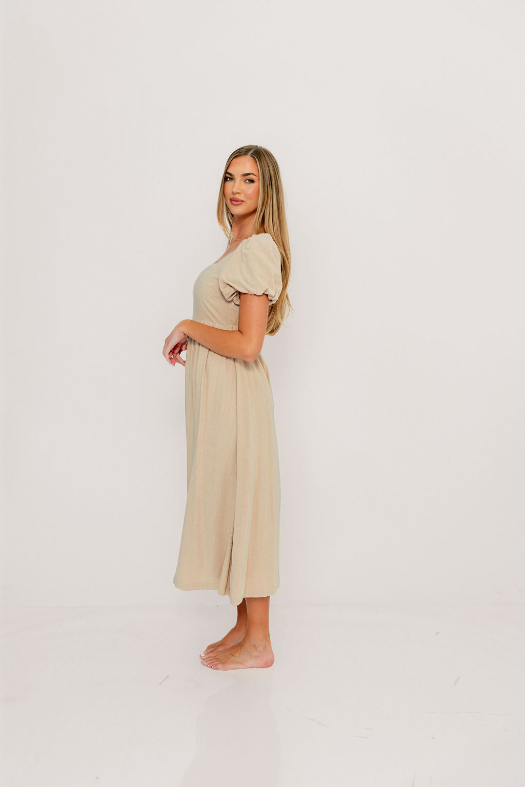 Ainsley Square Neck Midi Dress with Puffed Sleeves in Oat - Bump Friendly