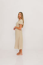 Ainsley Square Neck Midi Dress with Puffed Sleeves in Oat - Bump Friendly