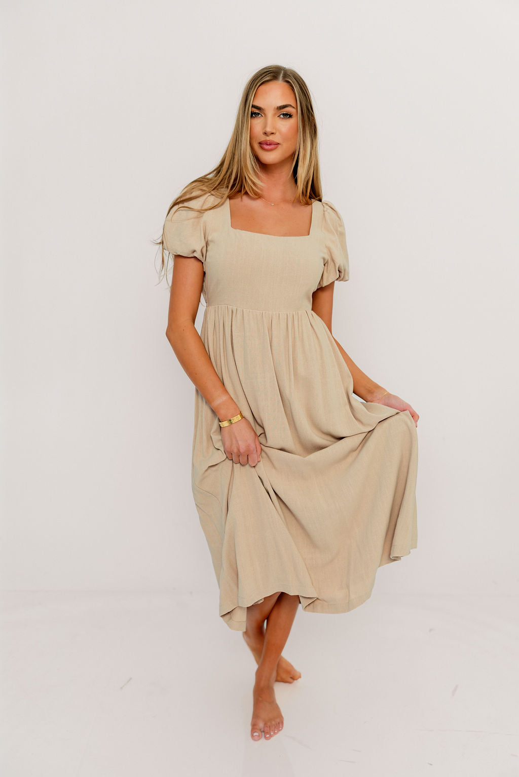 Ainsley Square Neck Midi Dress with Puffed Sleeves in Oat - Bump Friendly