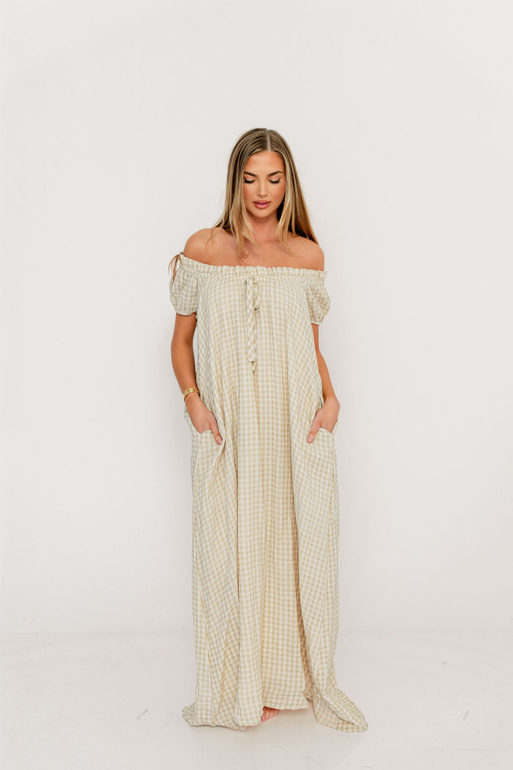 Ensley 100% Cotton Maxi Dress in Green Haze Plaid - Bump Friendly