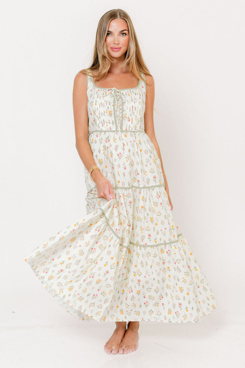 Ivy 100% Cotton Floral Lace-Up Maxi Dress in Poppy