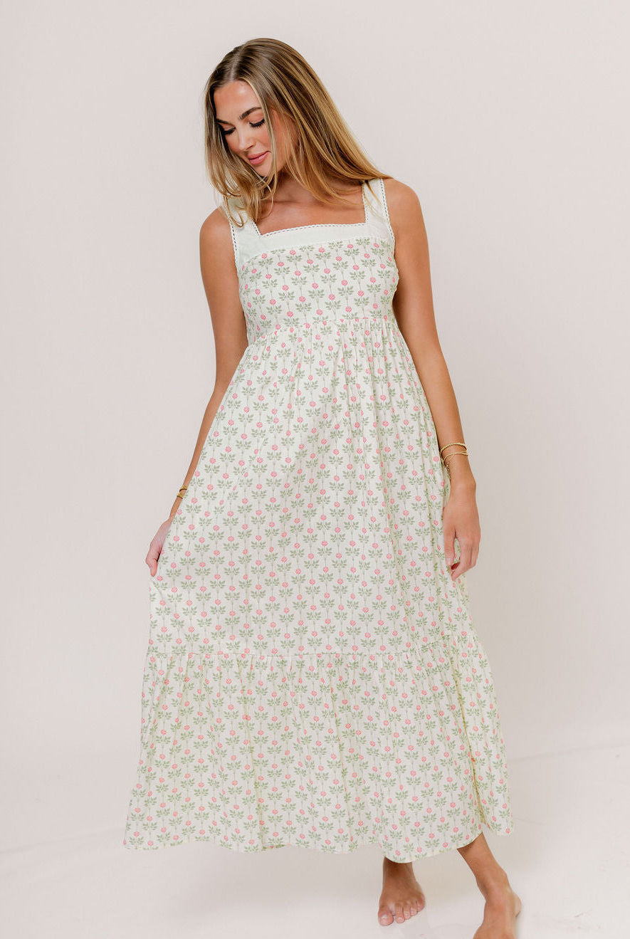 Victoria 100% Cotton Maxi Dress in Cream Rose