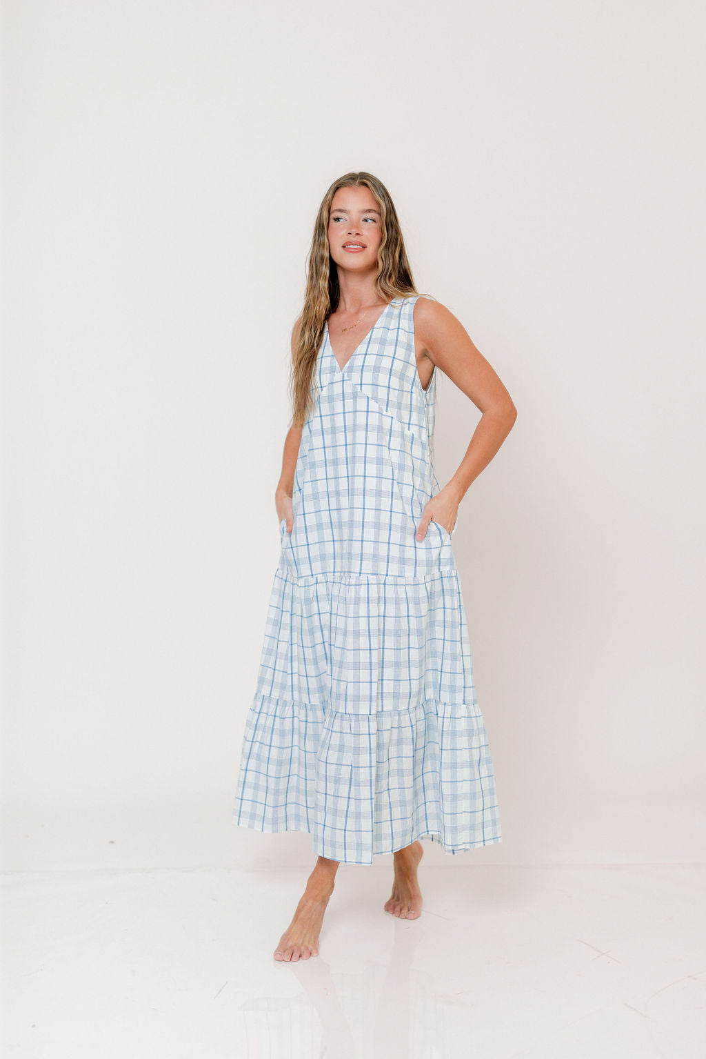 Ayla 100% Cotton Midi Dress in Off-White/Blue