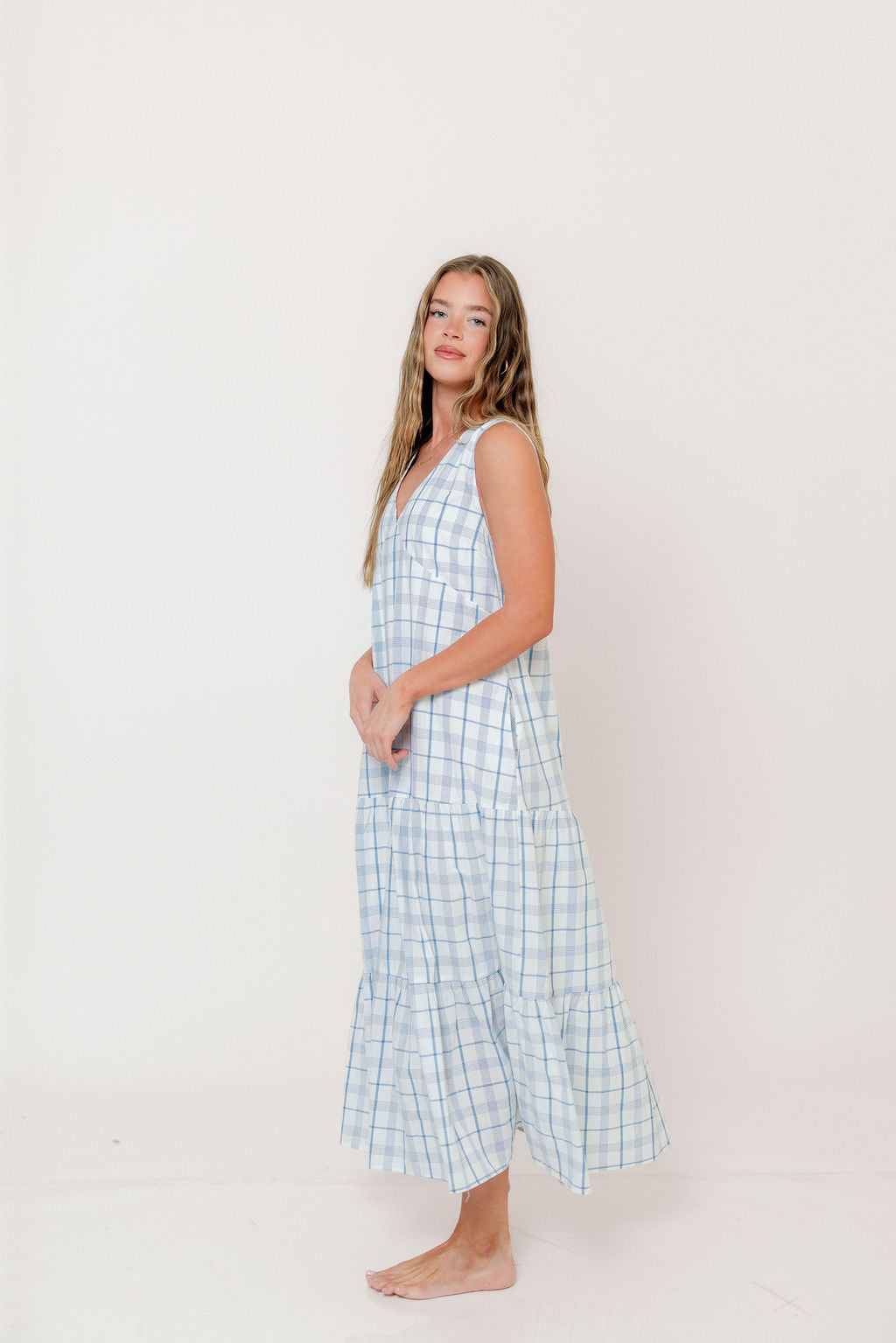 Ayla 100% Cotton Midi Dress in Off-White/Blue