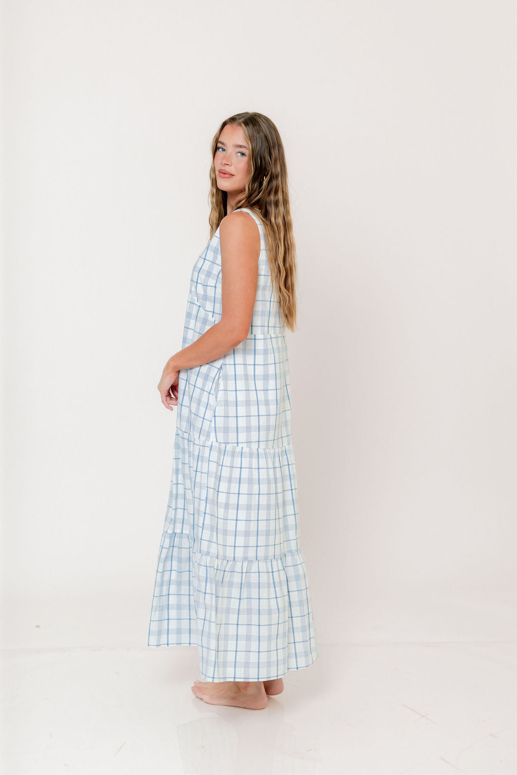 Ayla 100% Cotton Midi Dress in Off-White/Blue