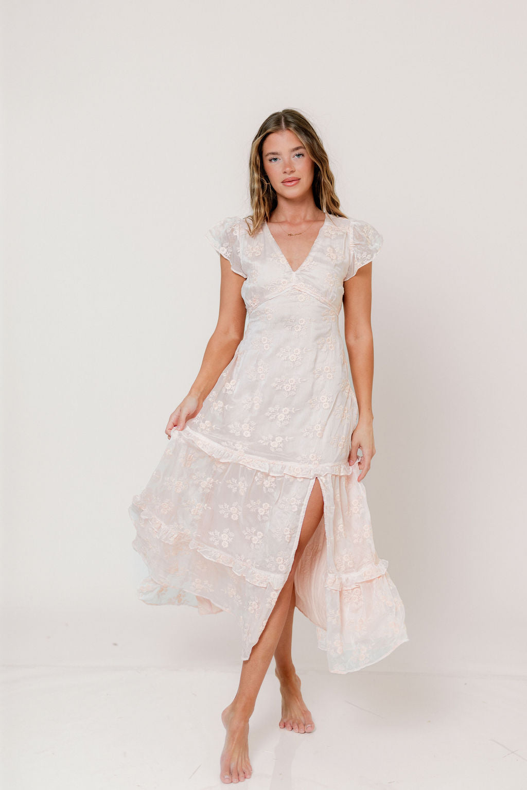Eleanora Lace Embroidered Tiered Maxi Dress in Apricot