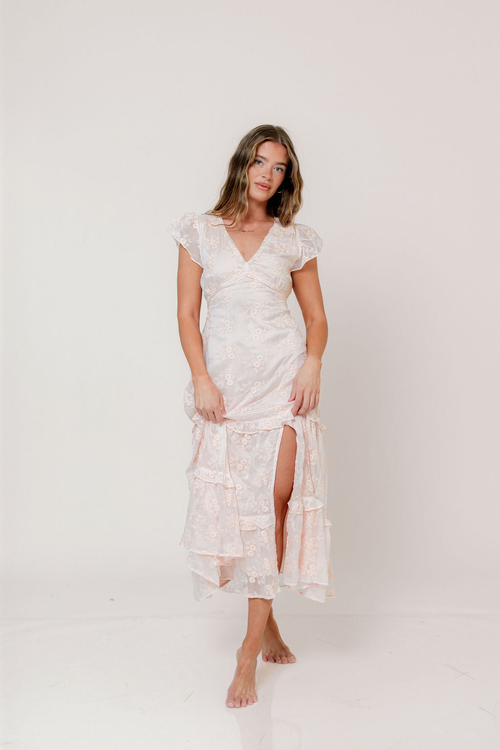 Eleanora Lace Embroidered Tiered Maxi Dress in Apricot