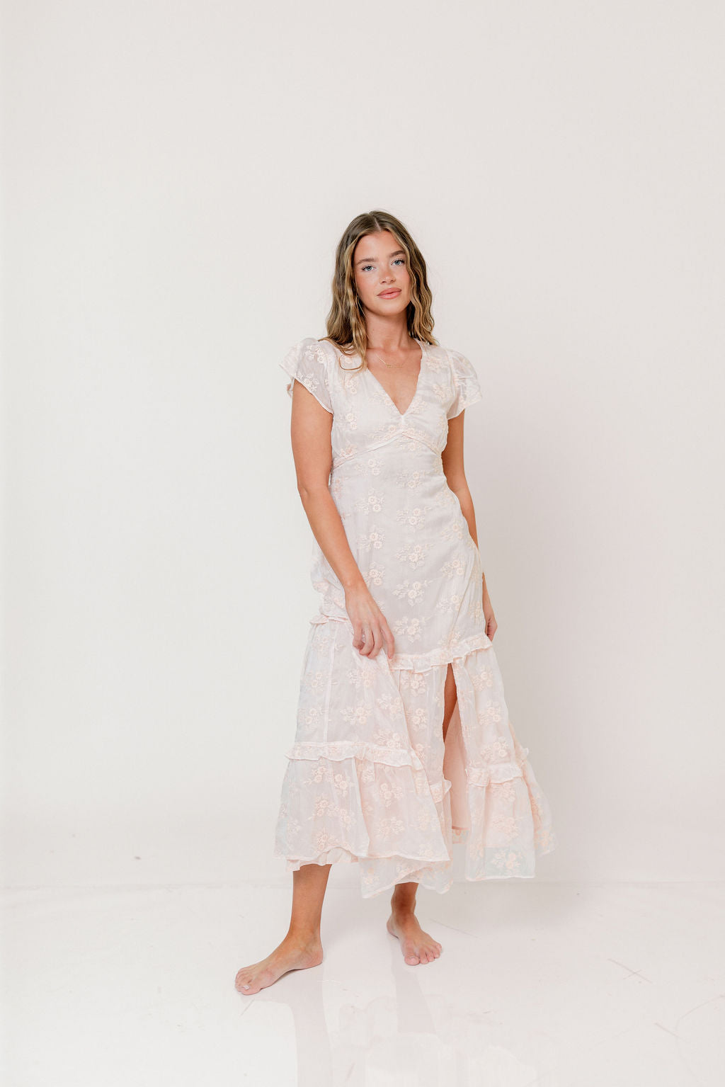 Eleanora Lace Embroidered Tiered Maxi Dress in Apricot